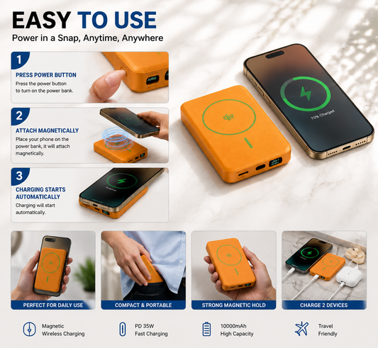 Magnetic power bank snapped to the back of an iPhone charging wirelessly