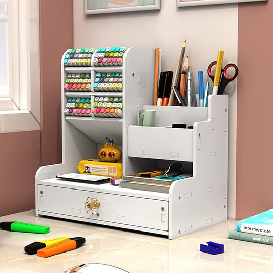 Desk organizer holding pens, cables and stationery