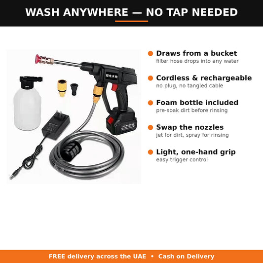 Cordless car washer features: bucket water source, foam bottle, nozzles