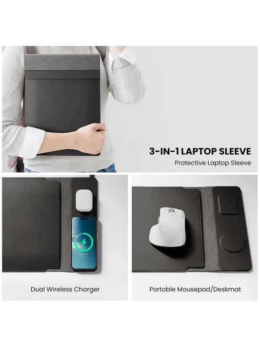 Person holding the protective laptop sleeve, with dual wireless charger and portable mousepad desk mat features shown