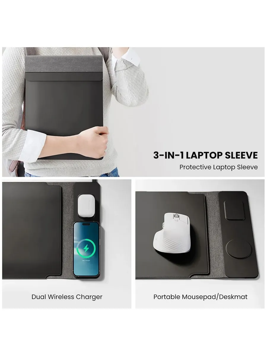 Person holding the protective laptop sleeve, with dual wireless charger and portable mousepad desk mat features shown