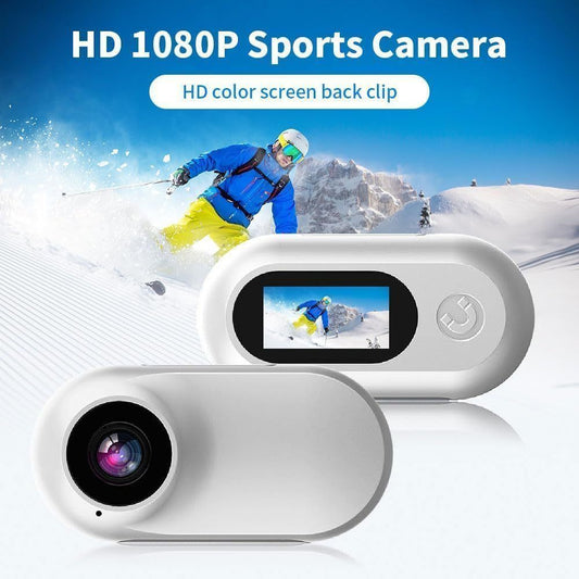 Mini-Motion View HD 1080P sports action camera with color screen and clip, worn skiing on a snowy mountain for POV video