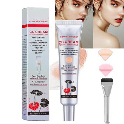 Woman applying SPF 25 CC cream for even, protected skin