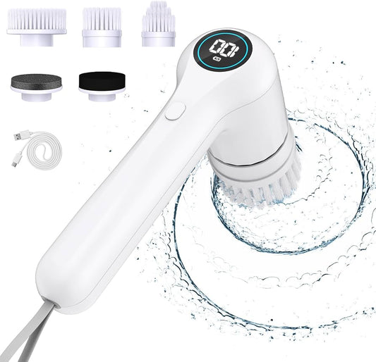 Electric spin scrubber with multiple interchangeable brush heads for tiles, grout and sinks