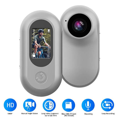 Mini-Motion View clip-on mini HD action camera in grey, front and back view showing 1080P screen