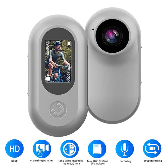 Mini-Motion View clip-on mini HD action camera in grey, front and back view showing 1080P screen