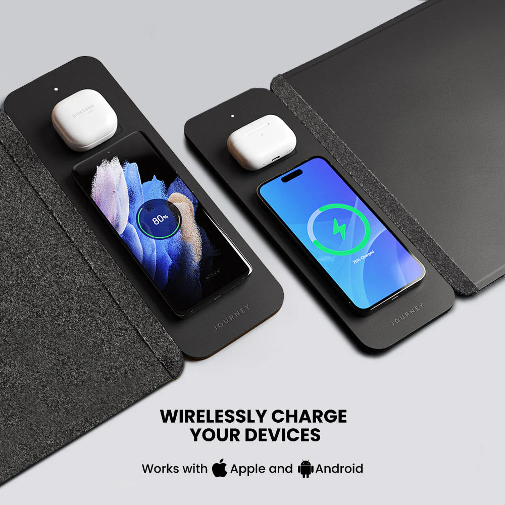 Wireless charging laptop sleeve charging two smartphones and earbuds, compatible with Apple and Android devices