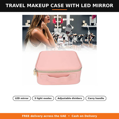 Travel Makeup Case with LED Mirror — 3 Light Modes & Adjustable Dividers