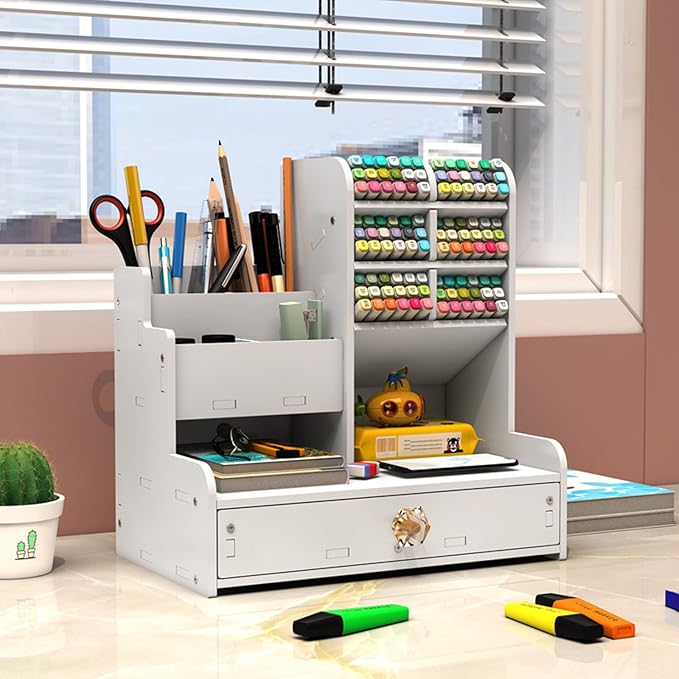 Multi-compartment top section of the desk organizer