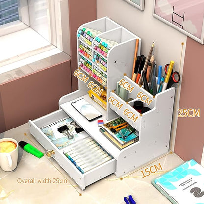 Desktop organizer on a study desk beside a laptop
