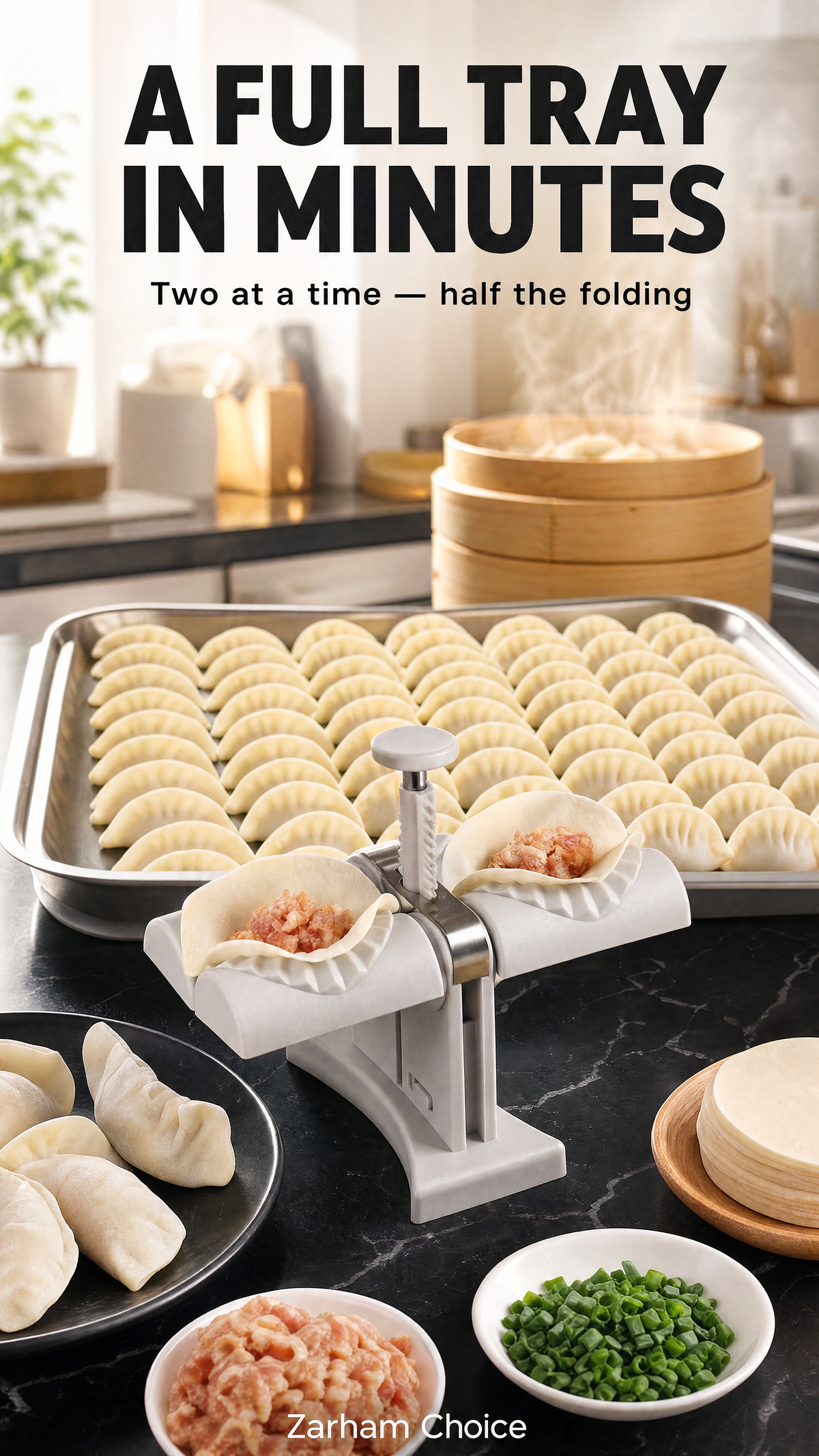 A full tray of dumplings in minutes — two at a time, half the folding