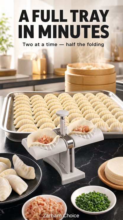 A full tray of dumplings in minutes — two at a time, half the folding