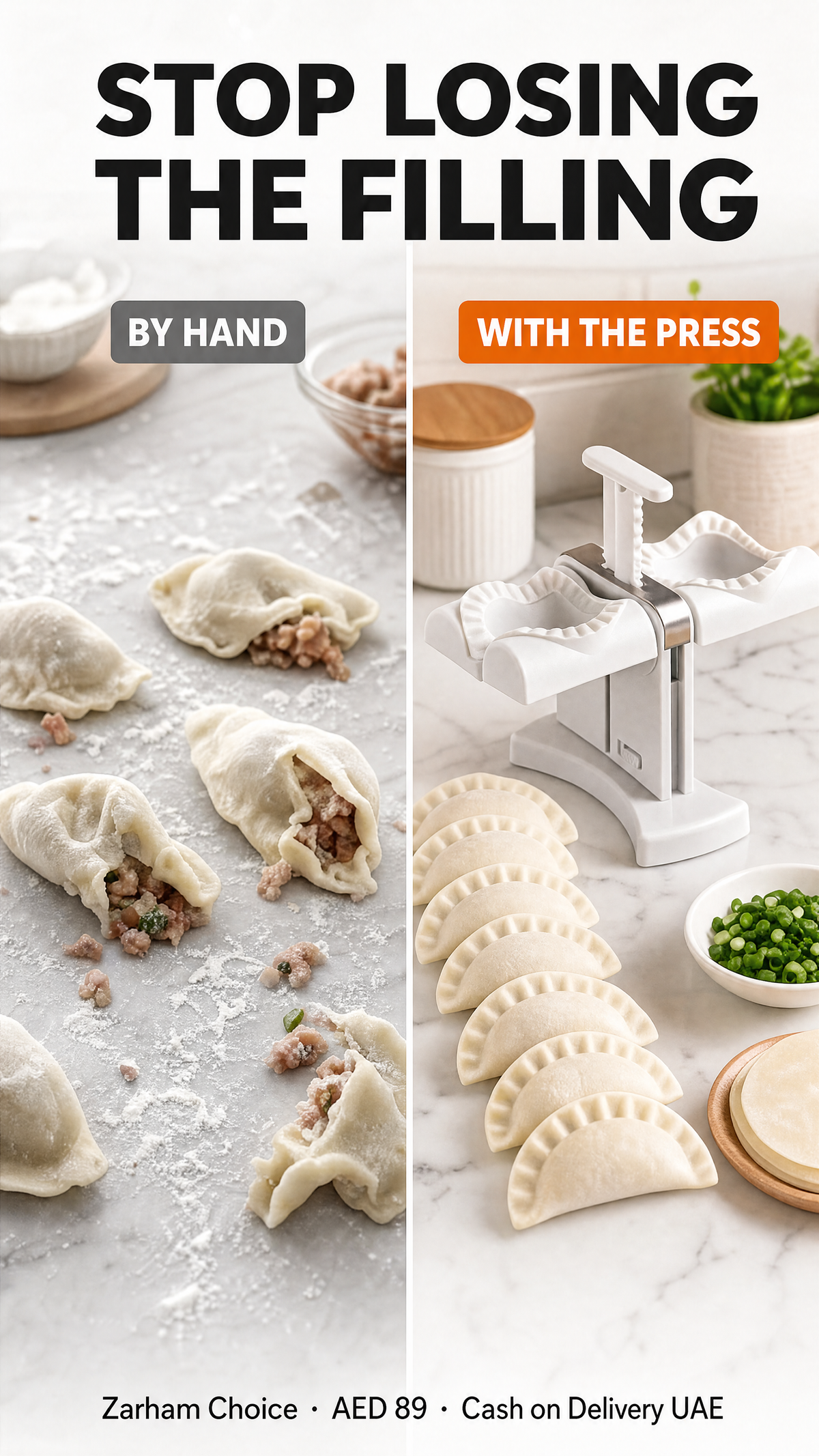 By hand versus with the press — stop losing the filling. One-press dumpling maker, AED 89, cash on delivery UAE