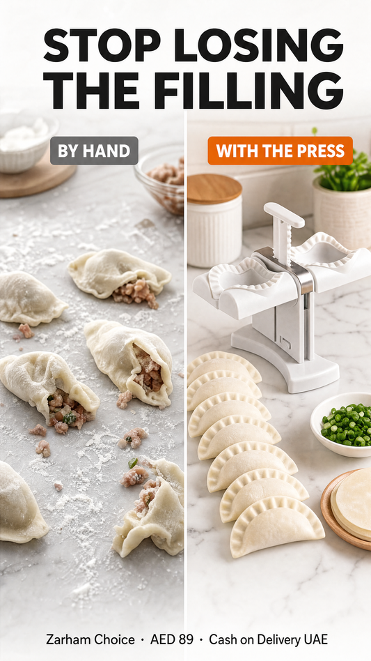 By hand versus with the press — stop losing the filling. One-press dumpling maker, AED 89, cash on delivery UAE