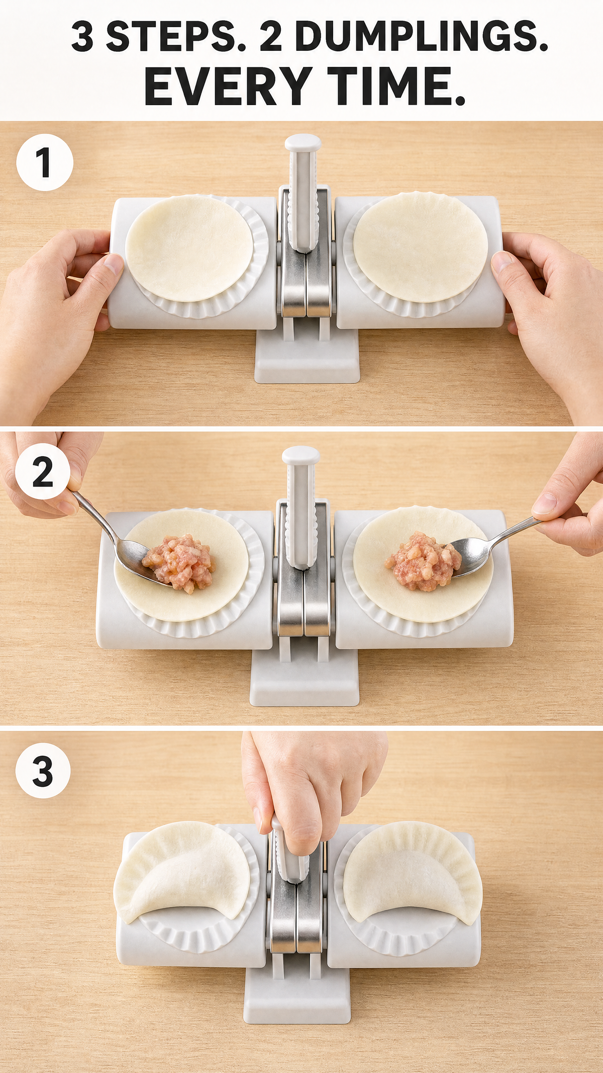 Three steps to two dumplings — lay the wrapper, add filling, press once