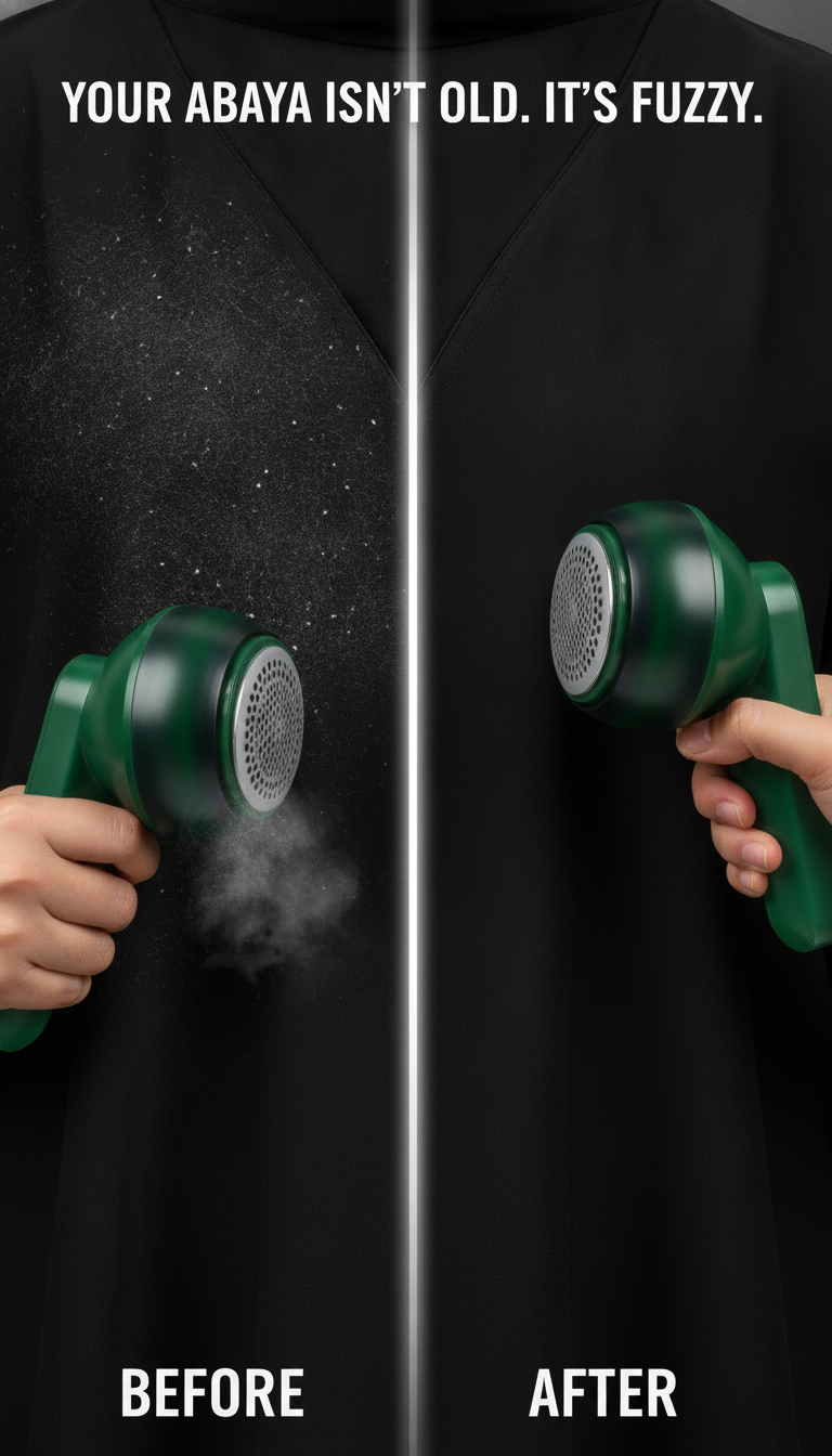 Black abaya before and after: pilling removed with the 6-blade fabric shaver