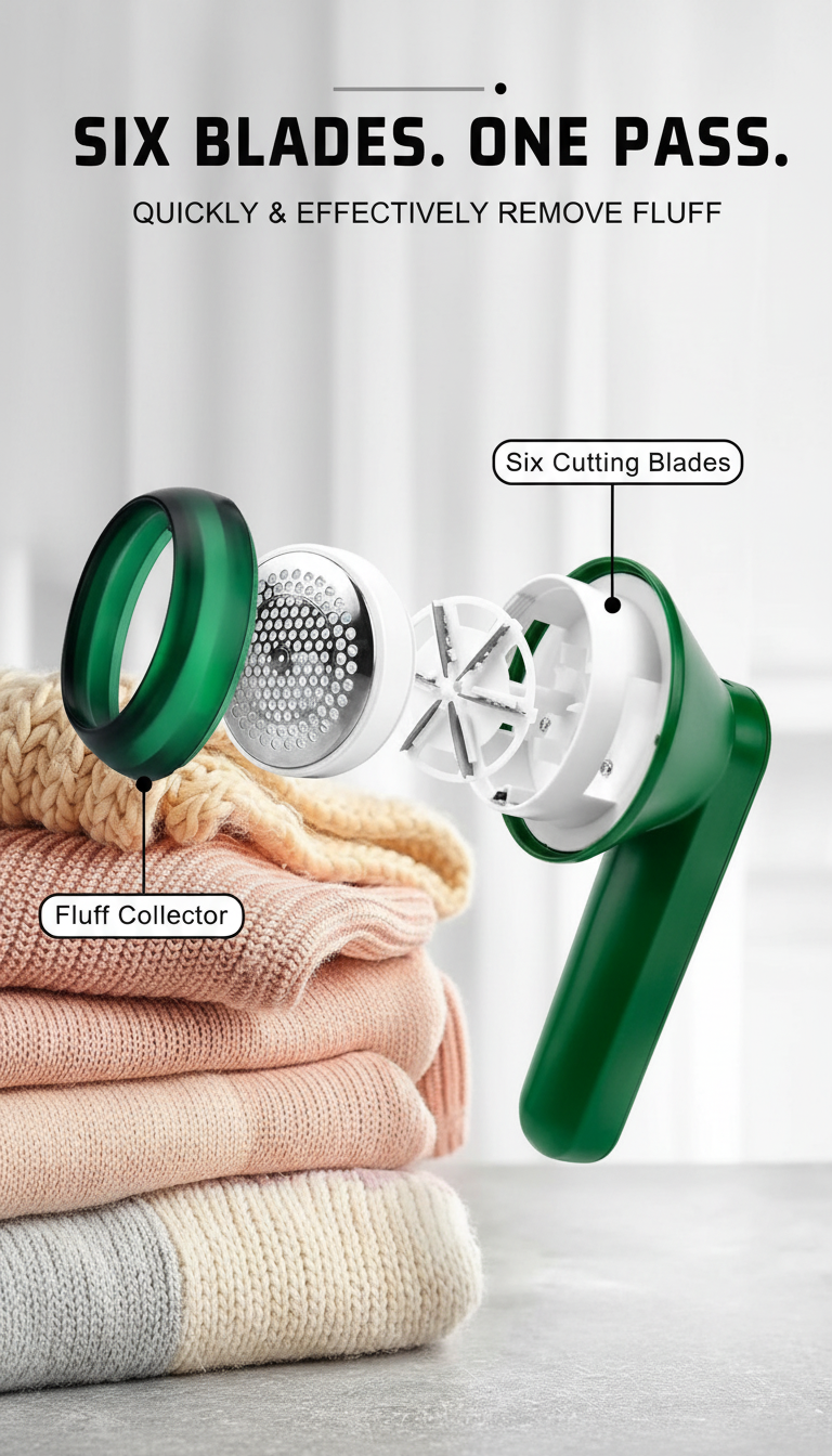 Exploded view of the lint remover showing six cutting blades and the fluff collector