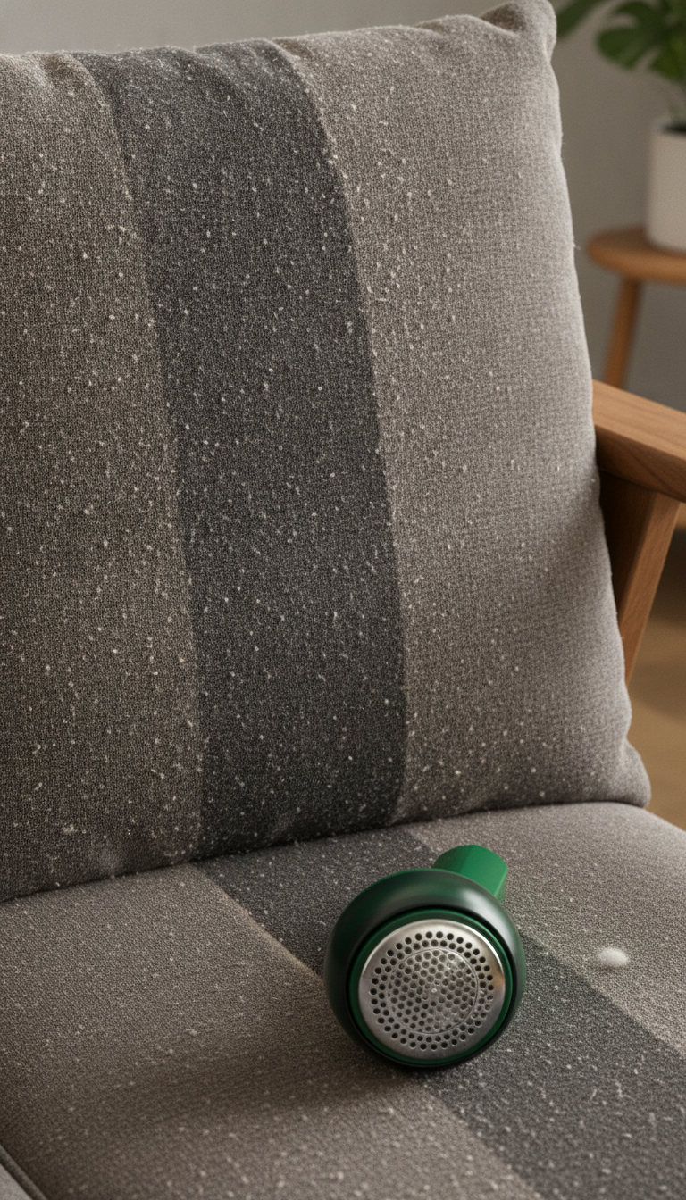 Clean stripe appearing across a bobbled sofa cushion after one pass