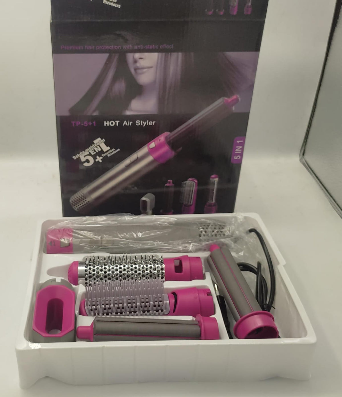 5-in-1 hair dryer brush set laid out with all attachments