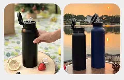 Smart water bottle phone holder propping up a phone hands-free