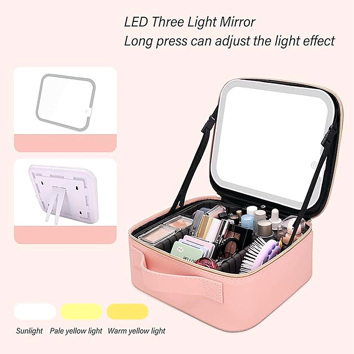 Makeup case open on a dressing table with mirror in use