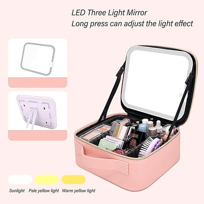 Makeup case open on a dressing table with mirror in use