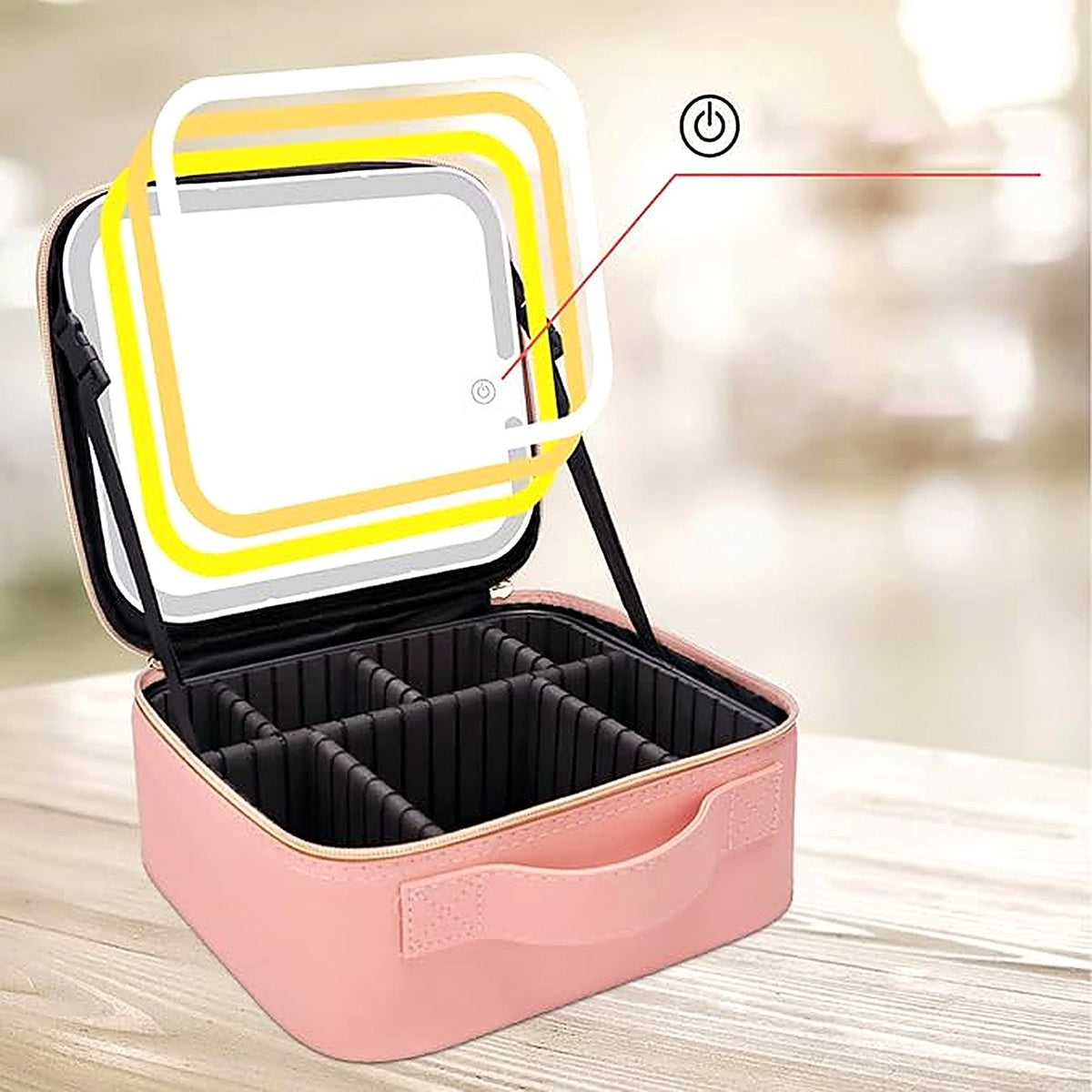 Pink travel makeup case with LED mirror lit up by Zarham Choice UAE