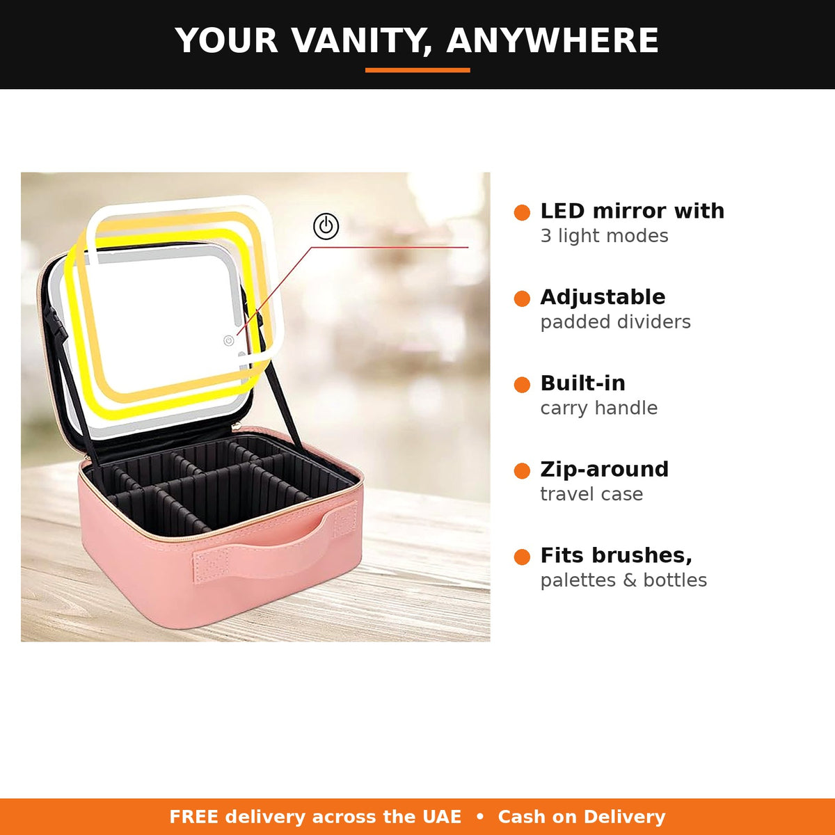 Makeup case features: LED mirror, adjustable dividers, carry handle