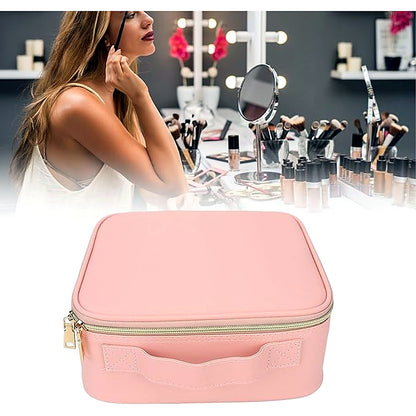 Woman applying makeup using the travel makeup case with mirror
