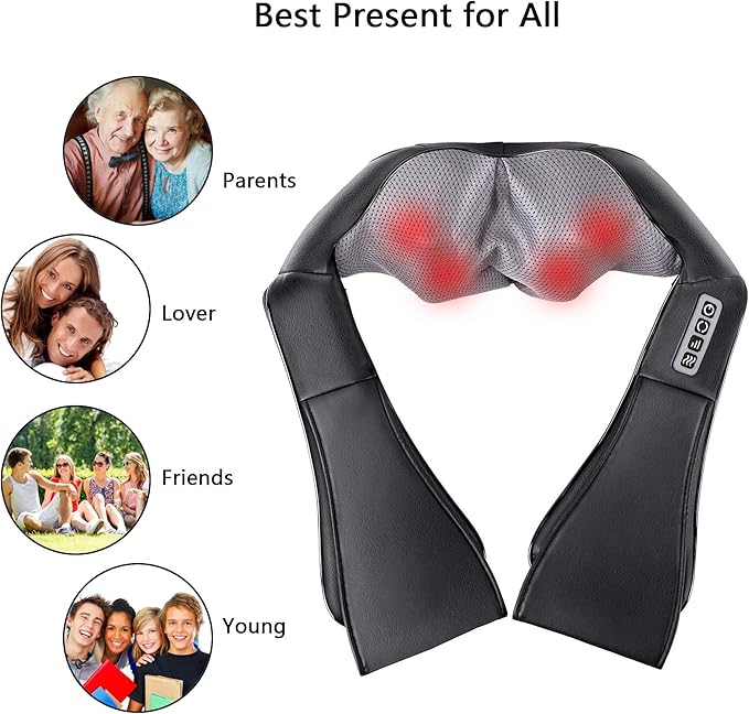 Heated neck and shoulder massager worn around the neck