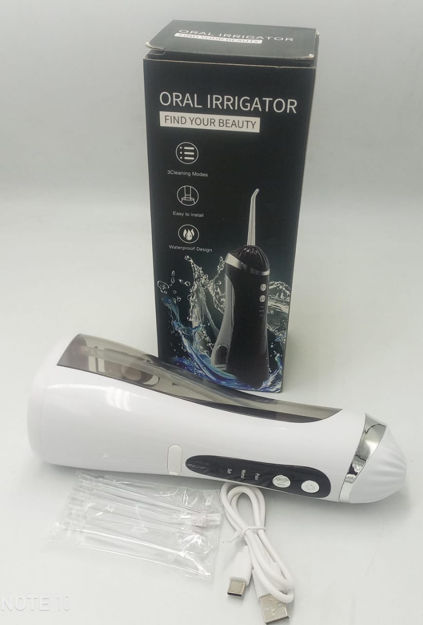 Rechargeable oral irrigator shown with charging cable