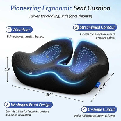 Office worker seated comfortably with ergonomic seat cushion
