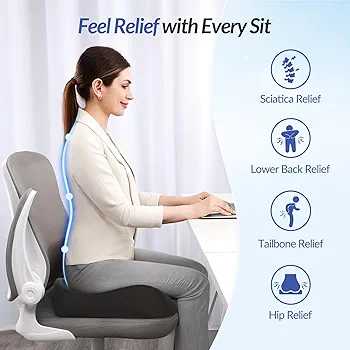 Memory foam seat cushion placed on an office desk chair