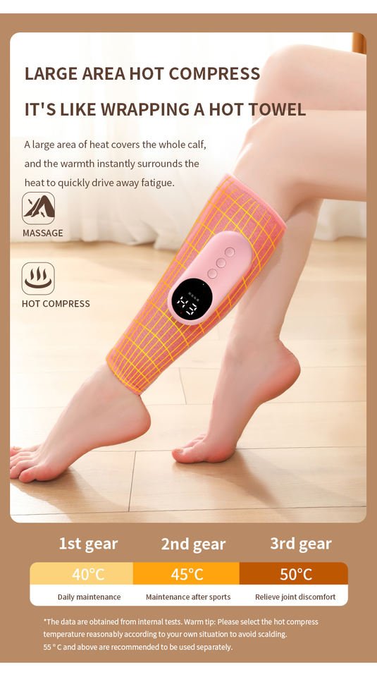 Air compression calf massager wrapped around leg during a massage cycle