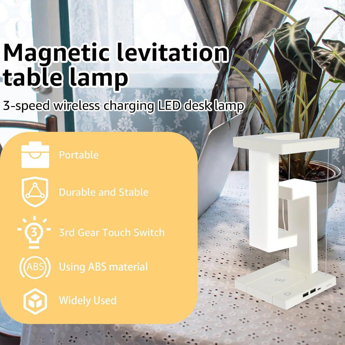 Floating tensegrity desk lamp on a modern home office desk