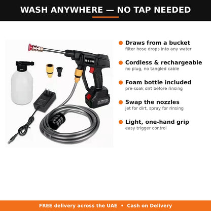 Cordless car washer features: bucket water source, foam bottle, nozzles