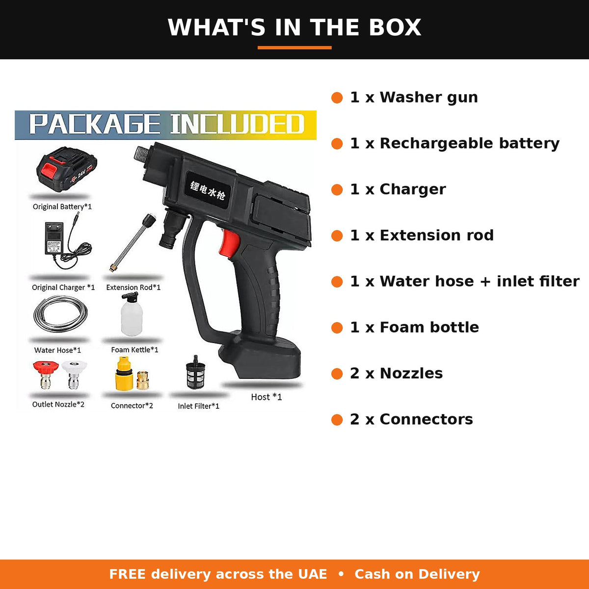What's in the box of the cordless car pressure washer
