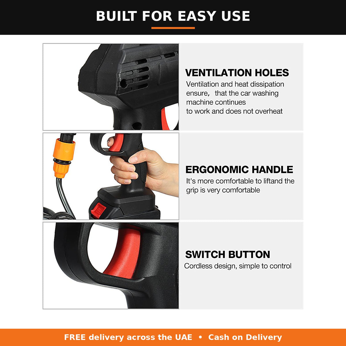 Ventilation holes, ergonomic handle and trigger switch of the washer gun
